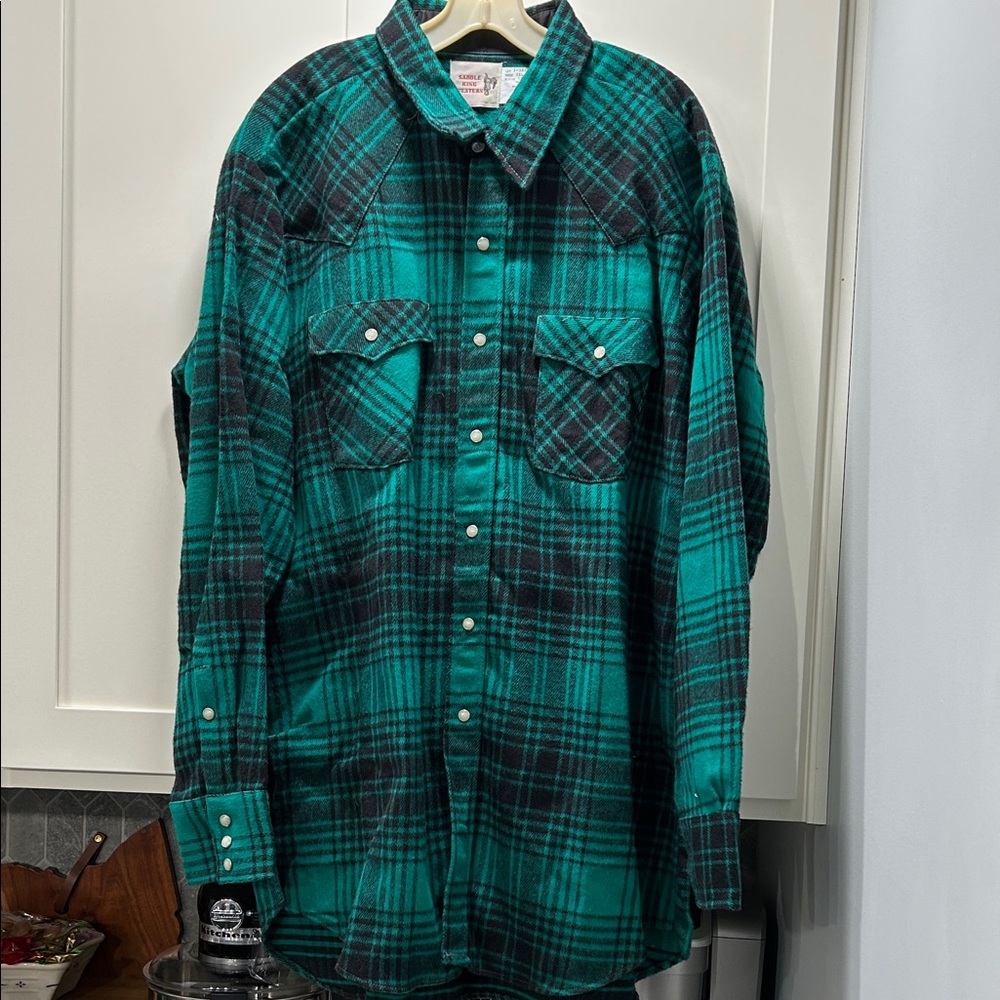 Vintage Saddle King Western Flannel Green Plaid Men's Shirt NOS 2XL